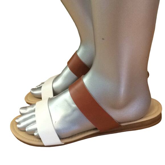 Just be Two Strap Sandals Two Toned Tan White Slip on Sandals Women's Size 10 - Picture 1 of 8
